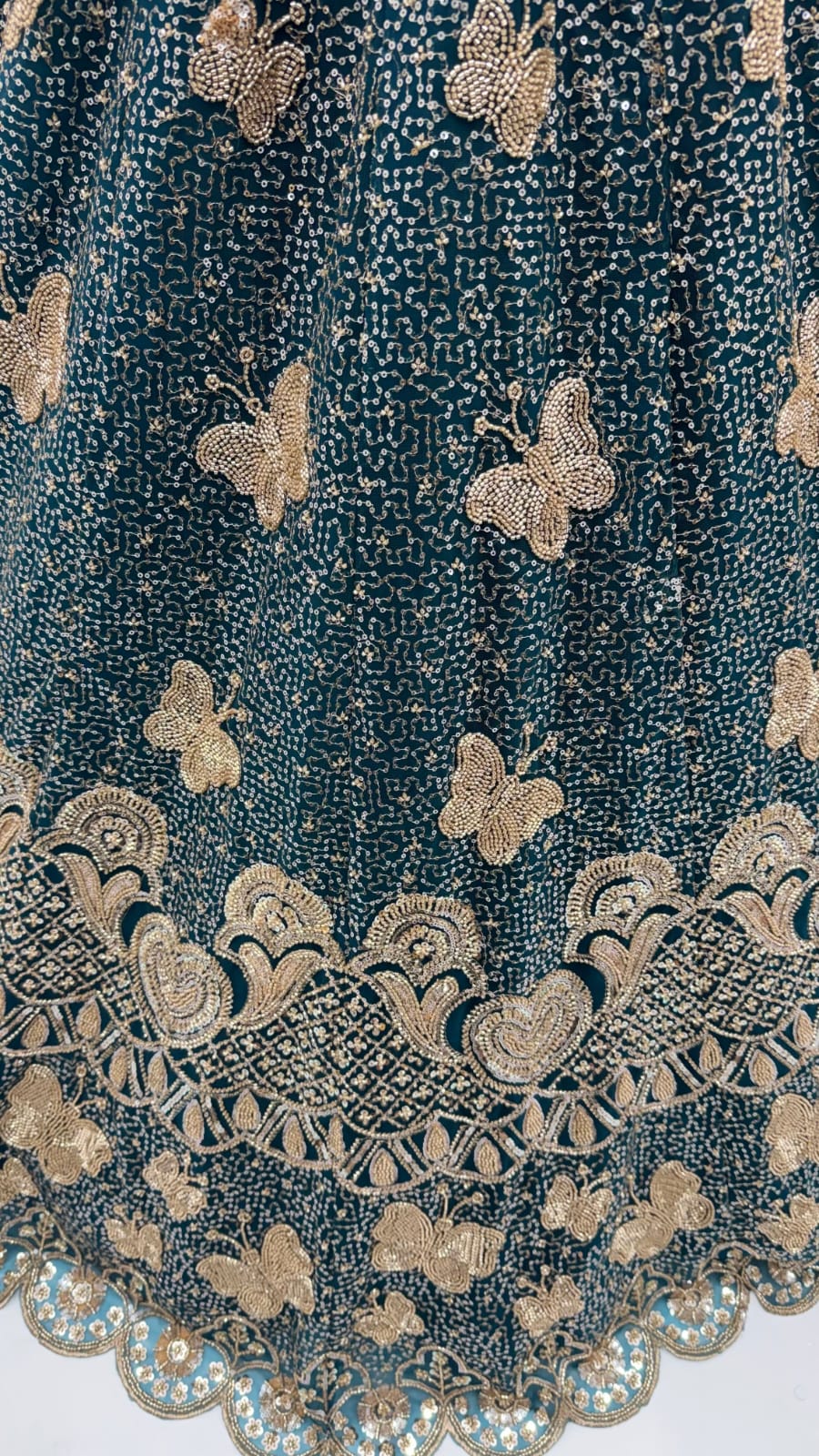 Teal Blue Pure Heavy Net Motif Handwork Zari Sequins Work Bridal Lehenga Choli