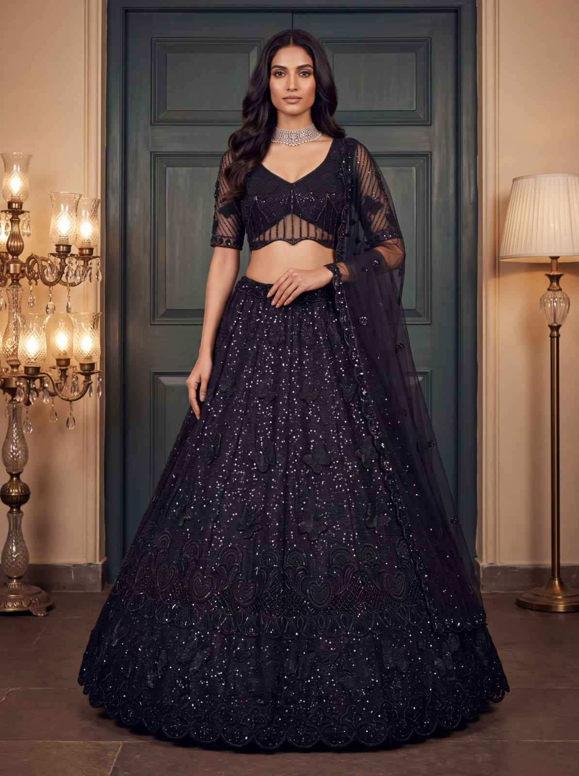 Black Pure Heavy Net Motif Handwork Zari Sequins Work Bridal Lehenga Choli