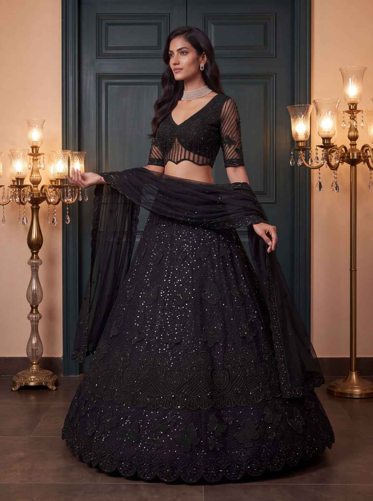 Black Pure Heavy Net Motif Handwork Zari Sequins Work Bridal Lehenga Choli