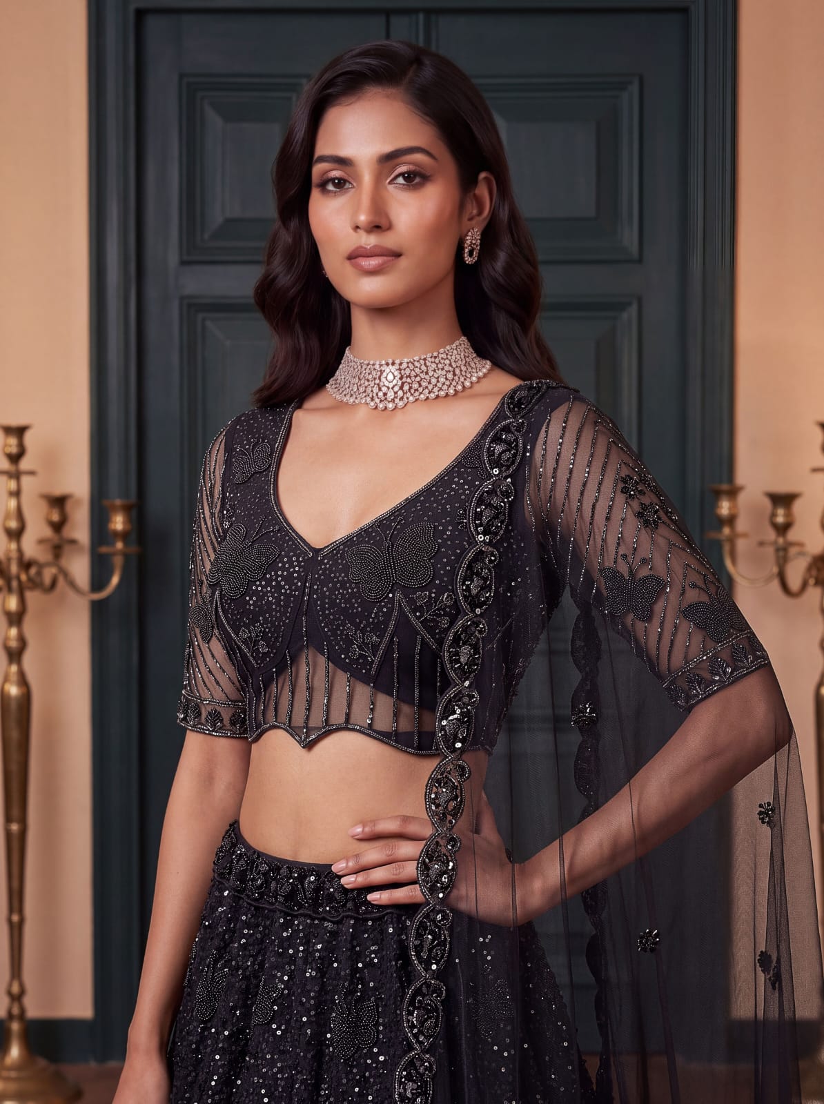 Black Pure Heavy Net Motif Handwork Zari Sequins Work Bridal Lehenga Choli