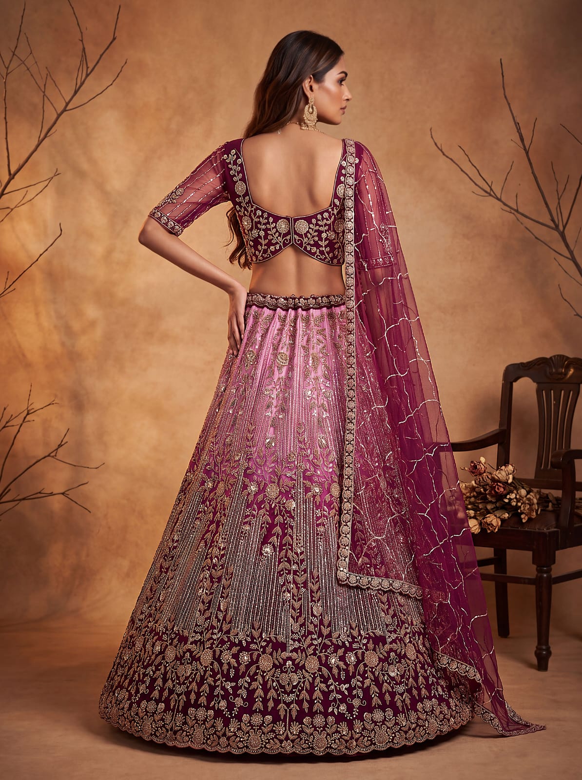 Pink Pure Heavy Net Motif Handwork Zari Sequins Work Bridal Lehenga Choli