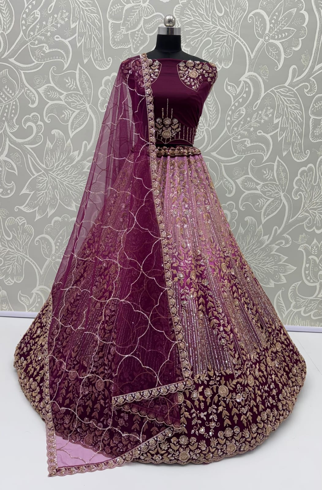 Pink Pure Heavy Net Motif Handwork Zari Sequins Work Bridal Lehenga Choli