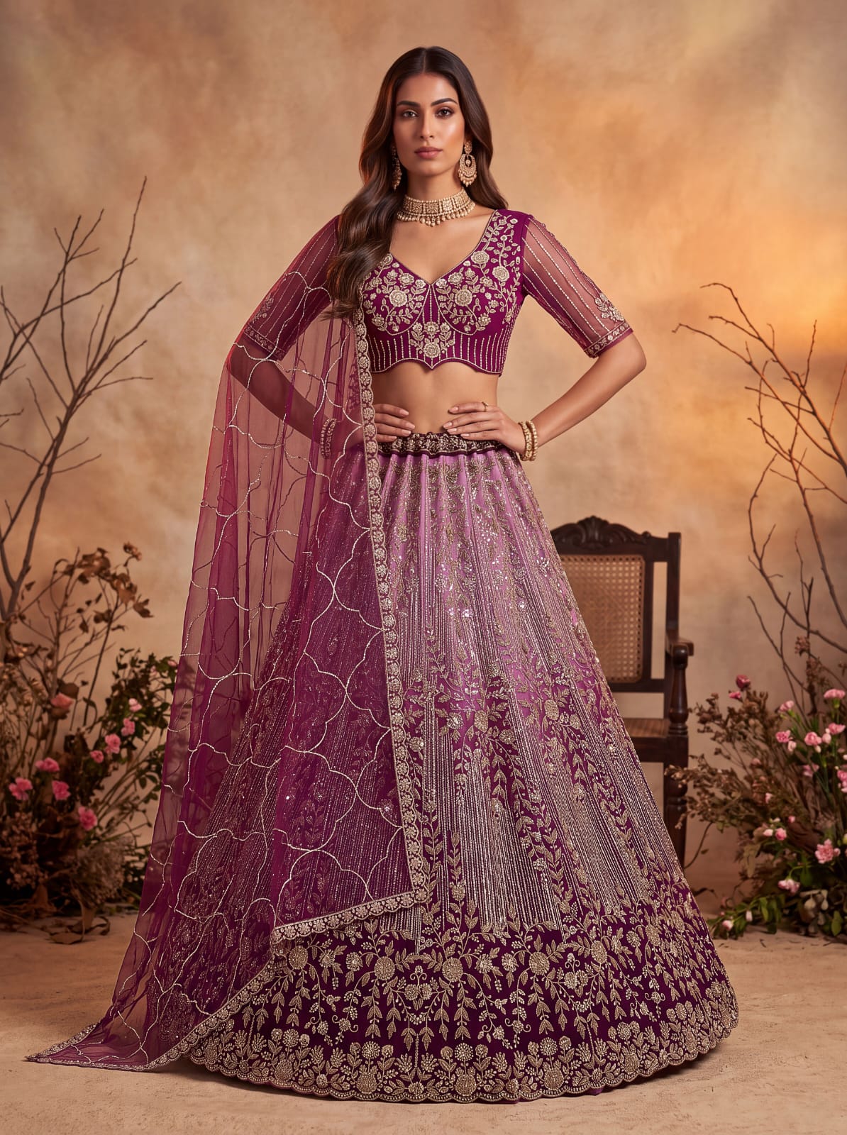 Pink Pure Heavy Net Motif Handwork Zari Sequins Work Bridal Lehenga Choli