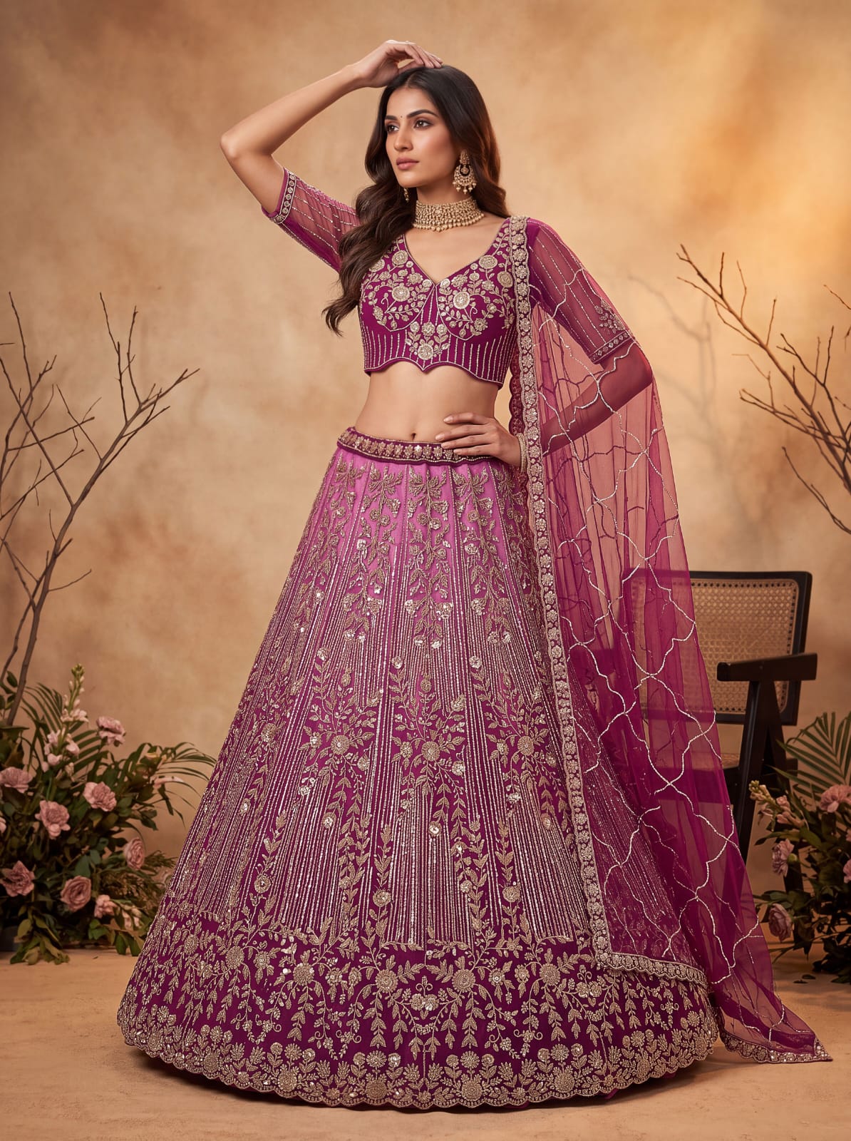 Pink Pure Heavy Net Motif Handwork Zari Sequins Work Bridal Lehenga Choli