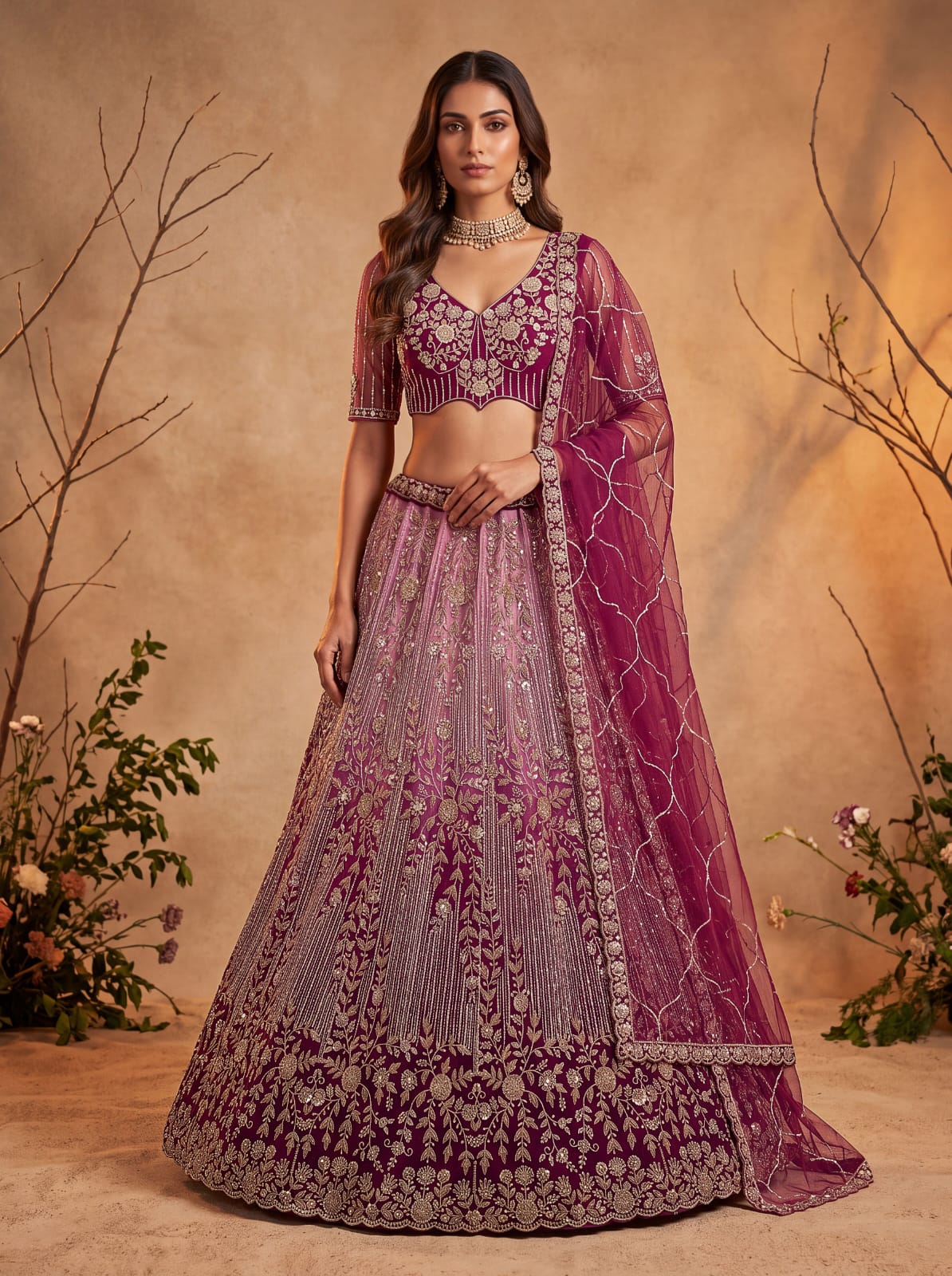 Pink Pure Heavy Net Motif Handwork Zari Sequins Work Bridal Lehenga Choli