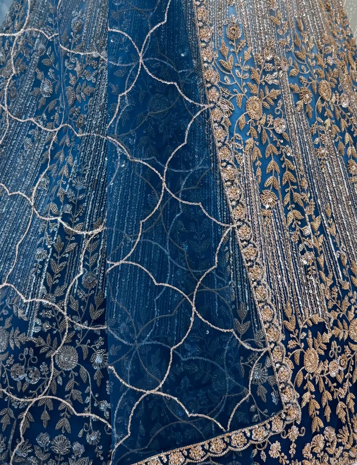 Blue Pure Heavy Net Motif Handwork Zari Sequins Work Bridal Lehenga Choli