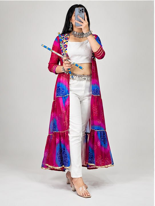 Multicolor Pure Faux Georgette Printed With Gotta Patti Mirror Work Navratri Kurti Top