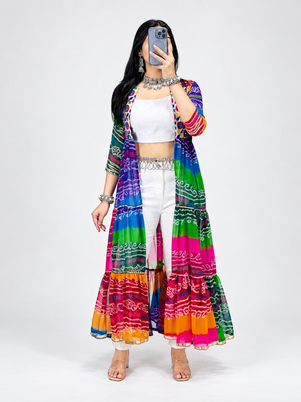 Multicolor Pure Faux Georgette Printed With Gotta Patti Mirror Work Navratri Kurti Top
