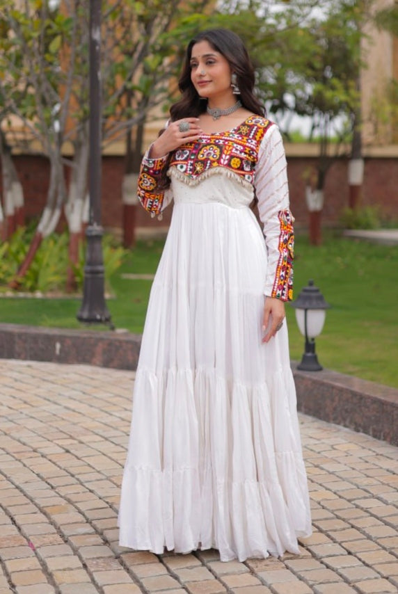 White Pure Reyon Cotton Gamthi Embroidery Work Anarkali Long Gown