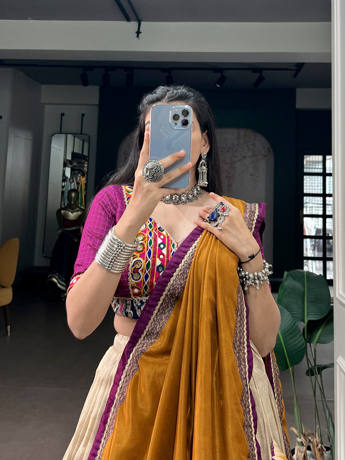 Wine Pure Tasar Silk Gamthi Work Navratri Lehenga Choli