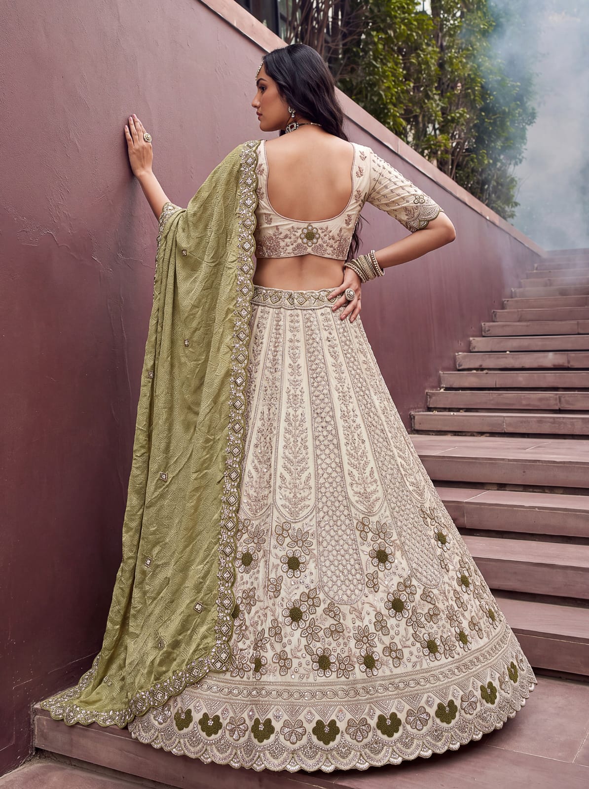 Pista Pure Premium Silk Heavy Beads & Motif Dori Embroidery Zari Sequins Hand Work Bridal Lehenga Choli