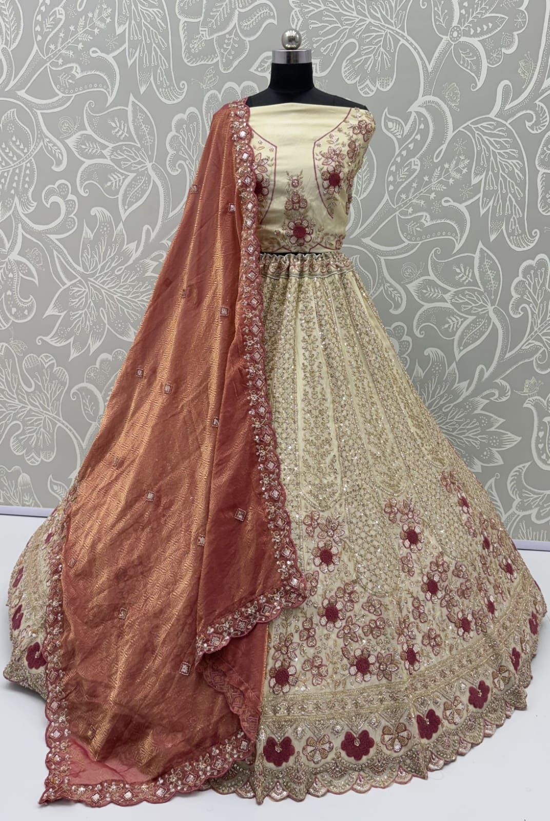 Peach Pure Premium Silk Heavy Beads & Motif Dori Embroidery Zari Sequins Hand Work Bridal Lehenga Choli
