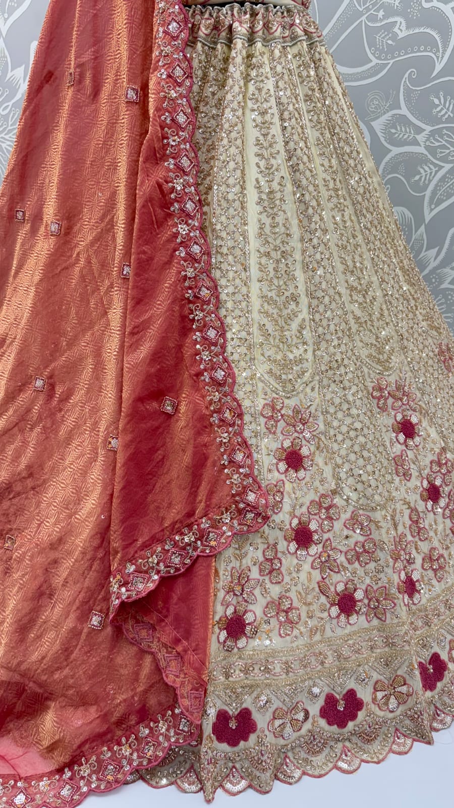 Peach Pure Premium Silk Heavy Beads & Motif Dori Embroidery Zari Sequins Hand Work Bridal Lehenga Choli