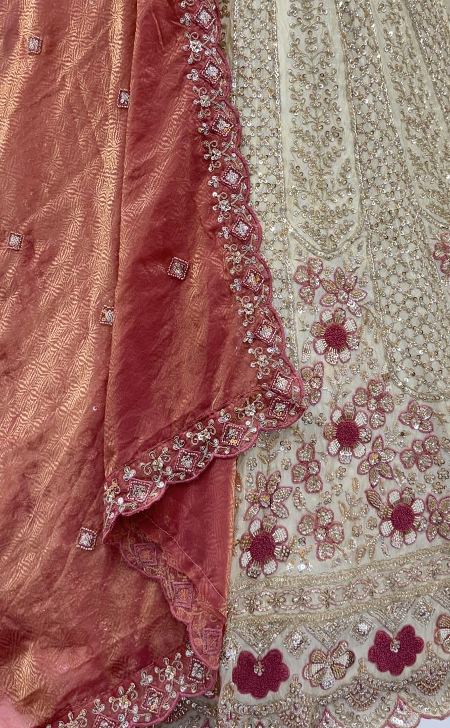 Peach Pure Premium Silk Heavy Beads & Motif Dori Embroidery Zari Sequins Hand Work Bridal Lehenga Choli