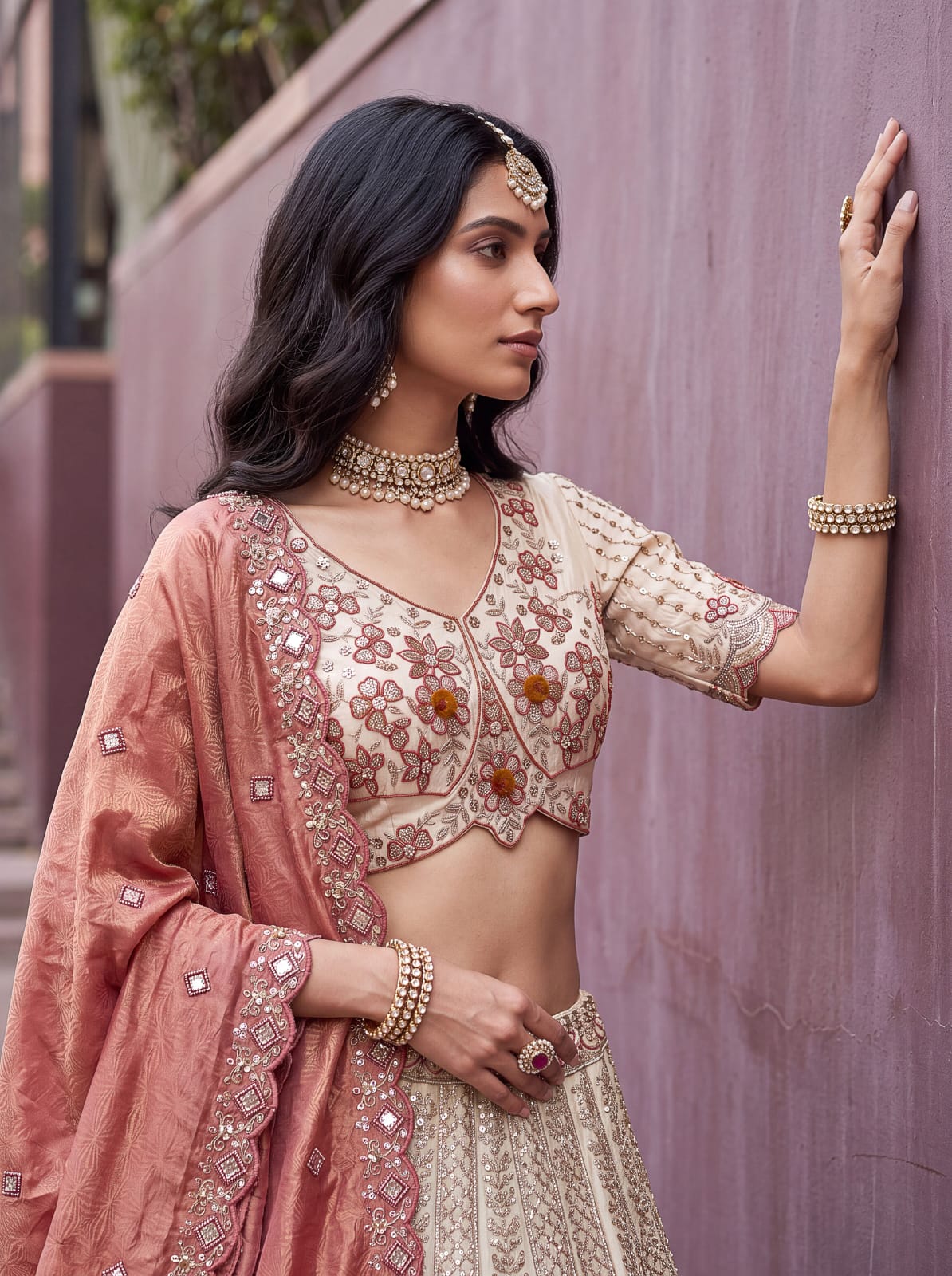 Peach Pure Premium Silk Heavy Beads & Motif Dori Embroidery Zari Sequins Hand Work Bridal Lehenga Choli