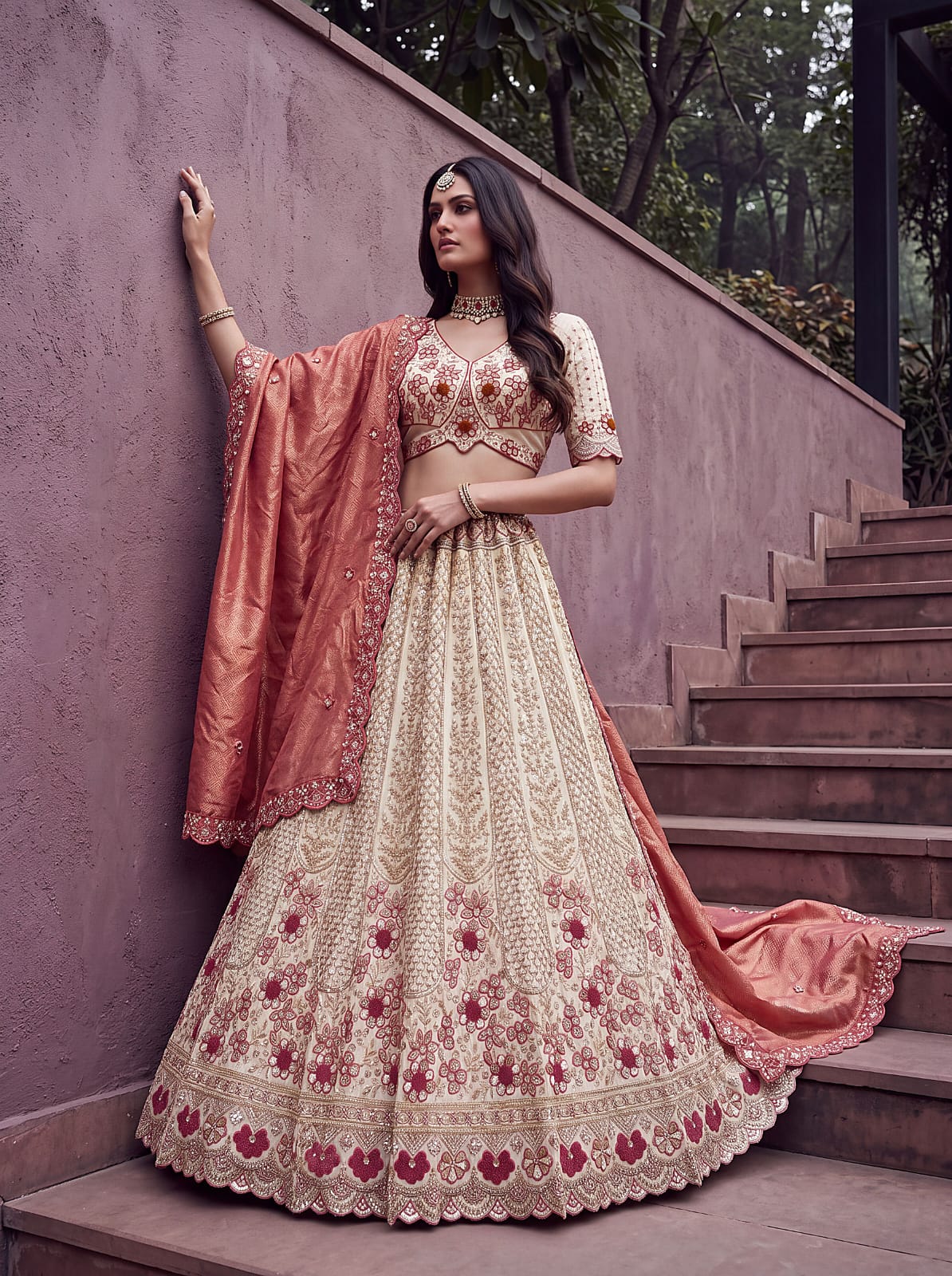 Peach Pure Premium Silk Heavy Beads & Motif Dori Embroidery Zari Sequins Hand Work Bridal Lehenga Choli