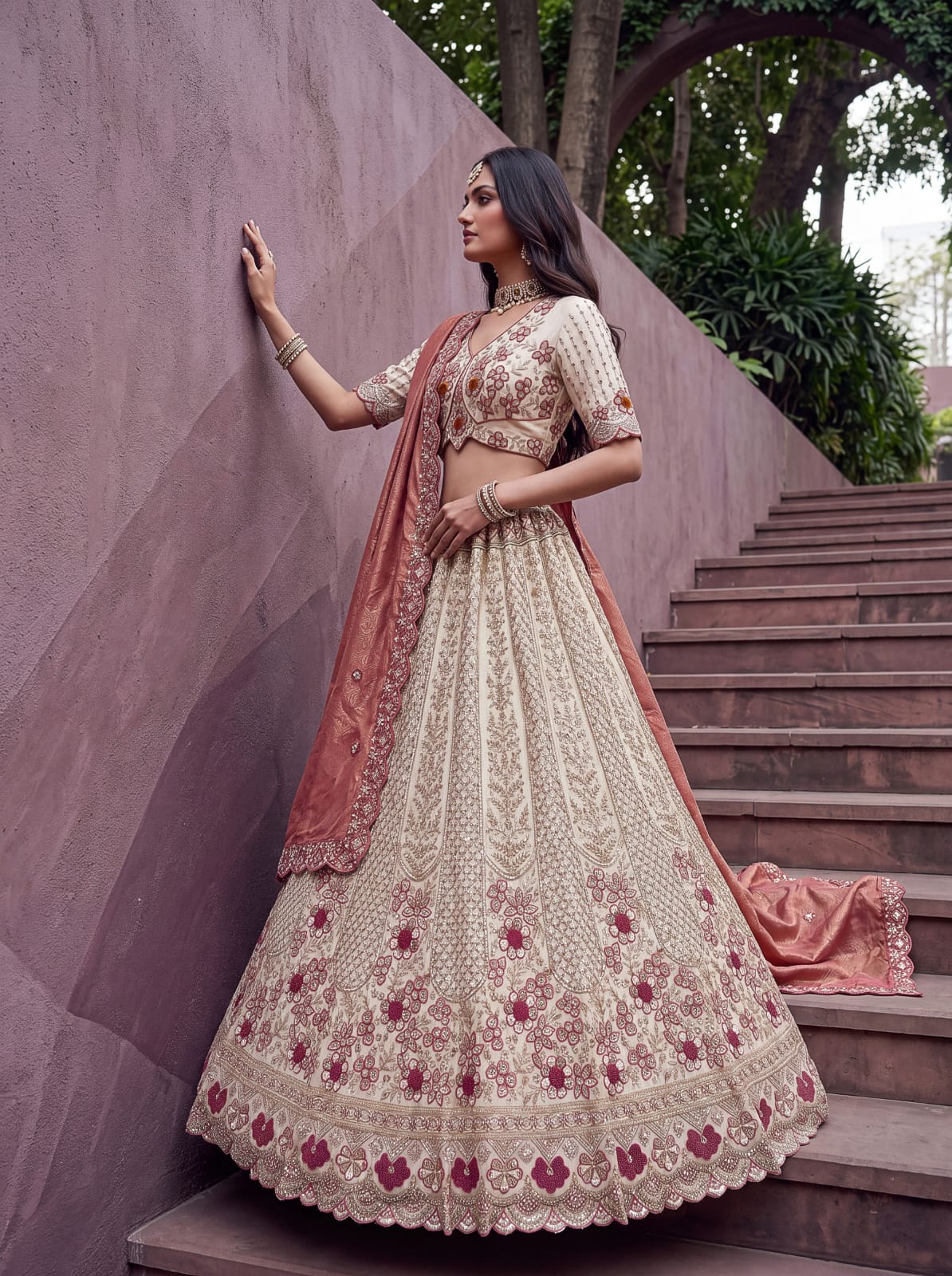 Peach Pure Premium Silk Heavy Beads & Motif Dori Embroidery Zari Sequins Hand Work Bridal Lehenga Choli