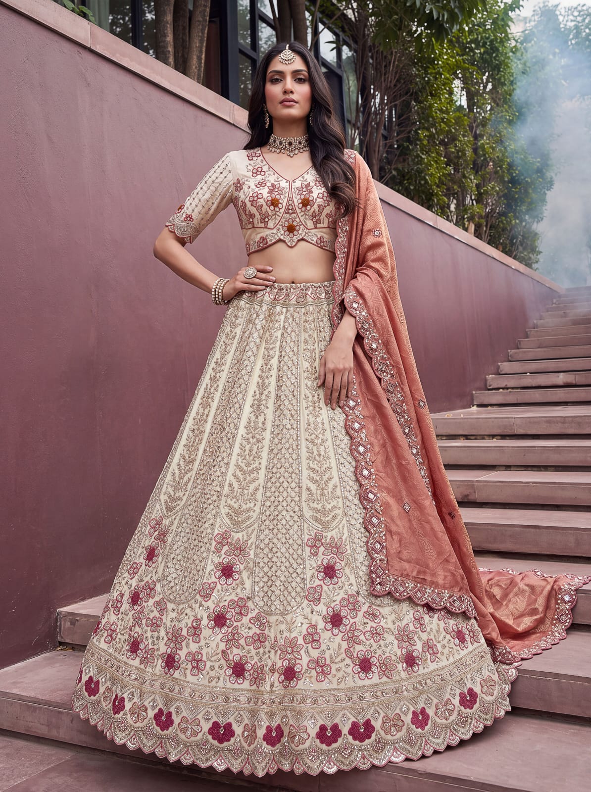 Peach Pure Premium Silk Heavy Beads & Motif Dori Embroidery Zari Sequins Hand Work Bridal Lehenga Choli
