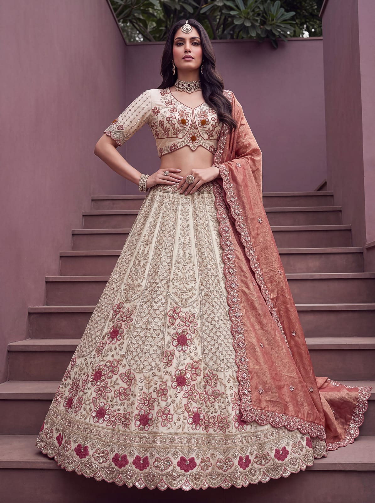 Peach Pure Premium Silk Heavy Beads & Motif Dori Embroidery Zari Sequins Hand Work Bridal Lehenga Choli