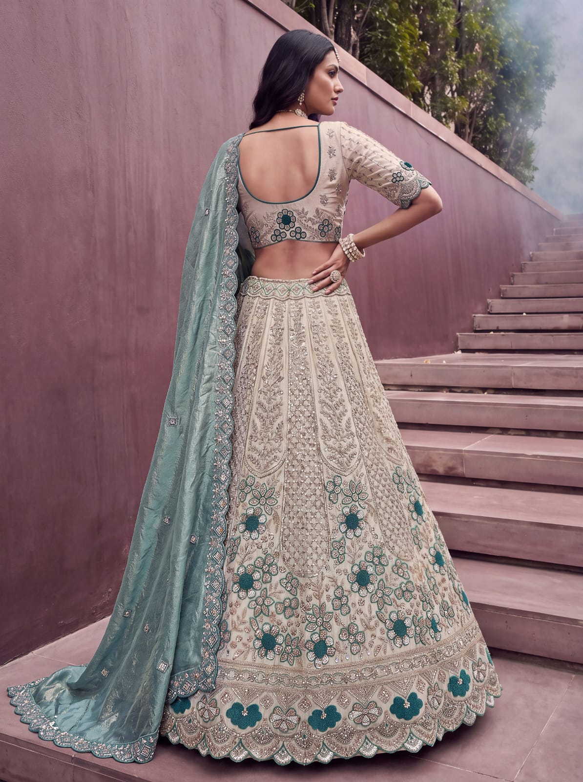 Teal Blue Pure Premium Silk Heavy Beads & Motif Dori Embroidery Zari Sequins Hand Work Bridal Lehenga Choli