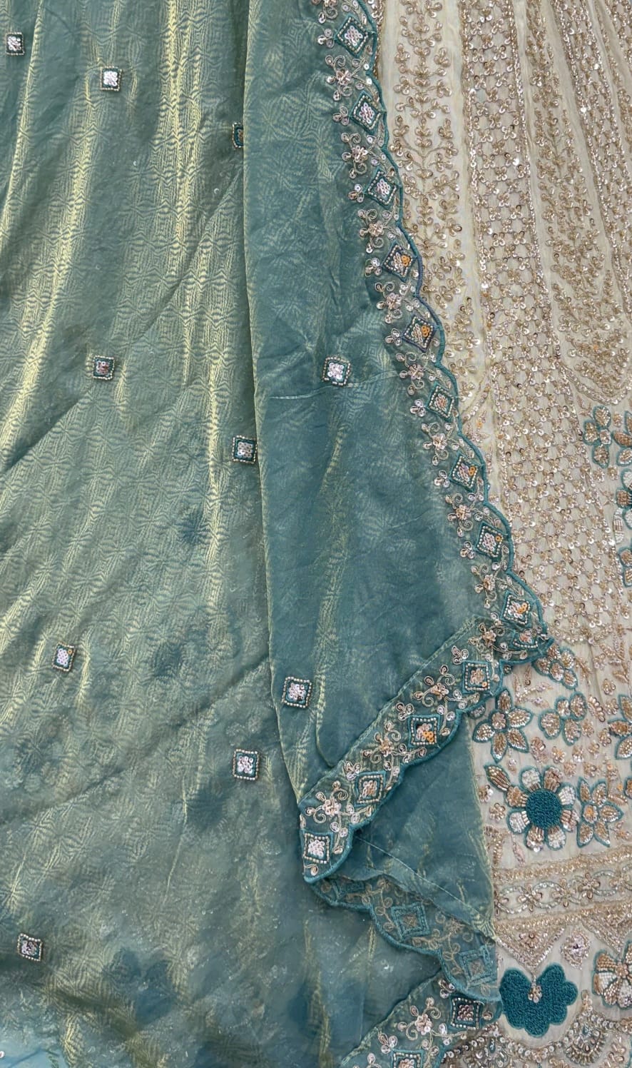 Teal Blue Pure Premium Silk Heavy Beads & Motif Dori Embroidery Zari Sequins Hand Work Bridal Lehenga Choli