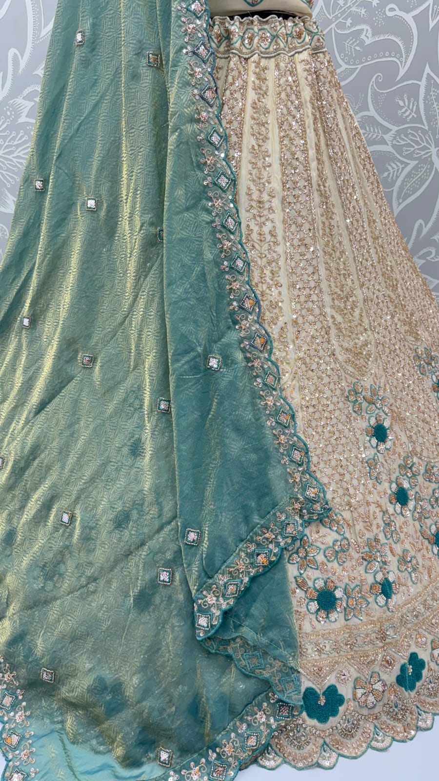 Teal Blue Pure Premium Silk Heavy Beads & Motif Dori Embroidery Zari Sequins Hand Work Bridal Lehenga Choli