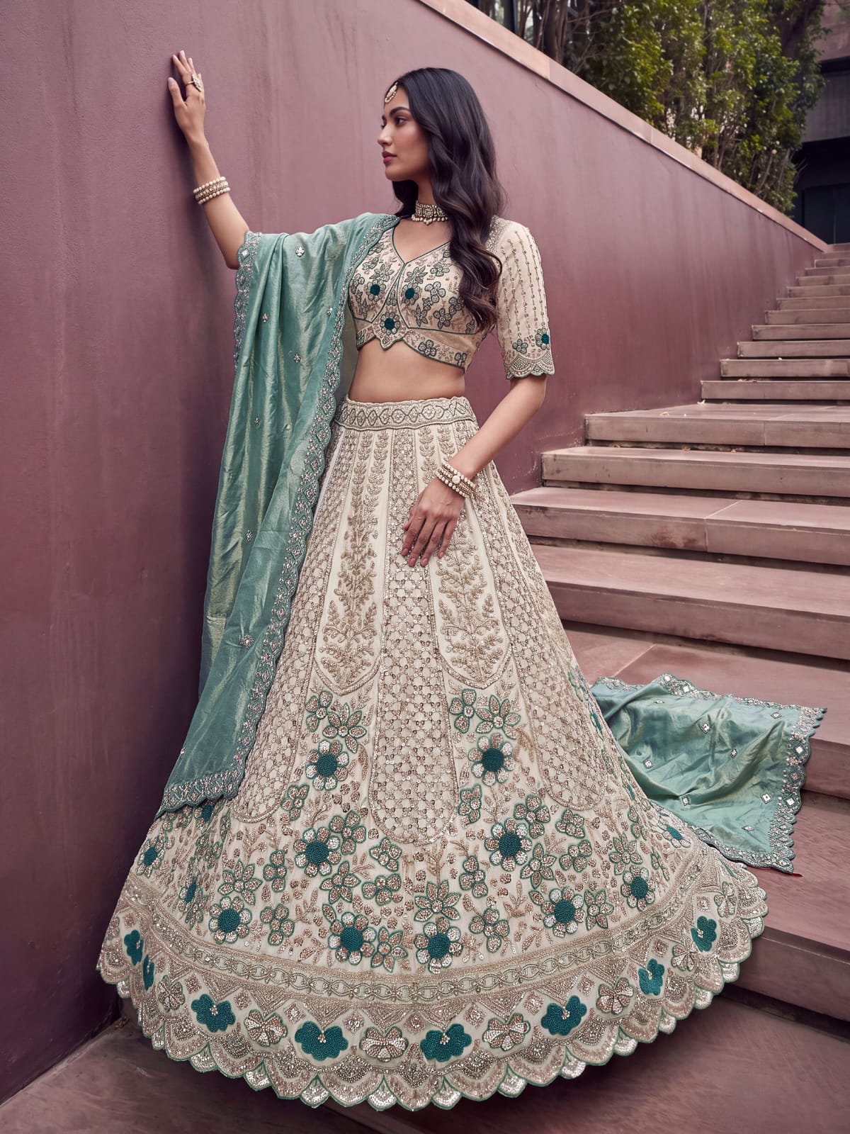 Teal Blue Pure Premium Silk Heavy Beads & Motif Dori Embroidery Zari Sequins Hand Work Bridal Lehenga Choli