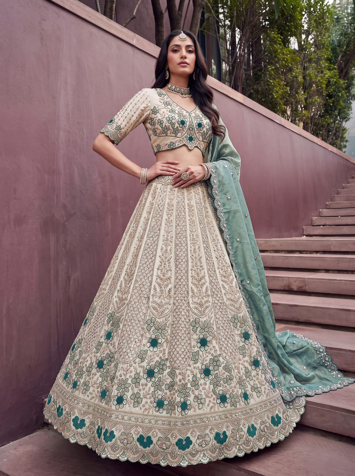 Teal Blue Pure Premium Silk Heavy Beads & Motif Dori Embroidery Zari Sequins Hand Work Bridal Lehenga Choli