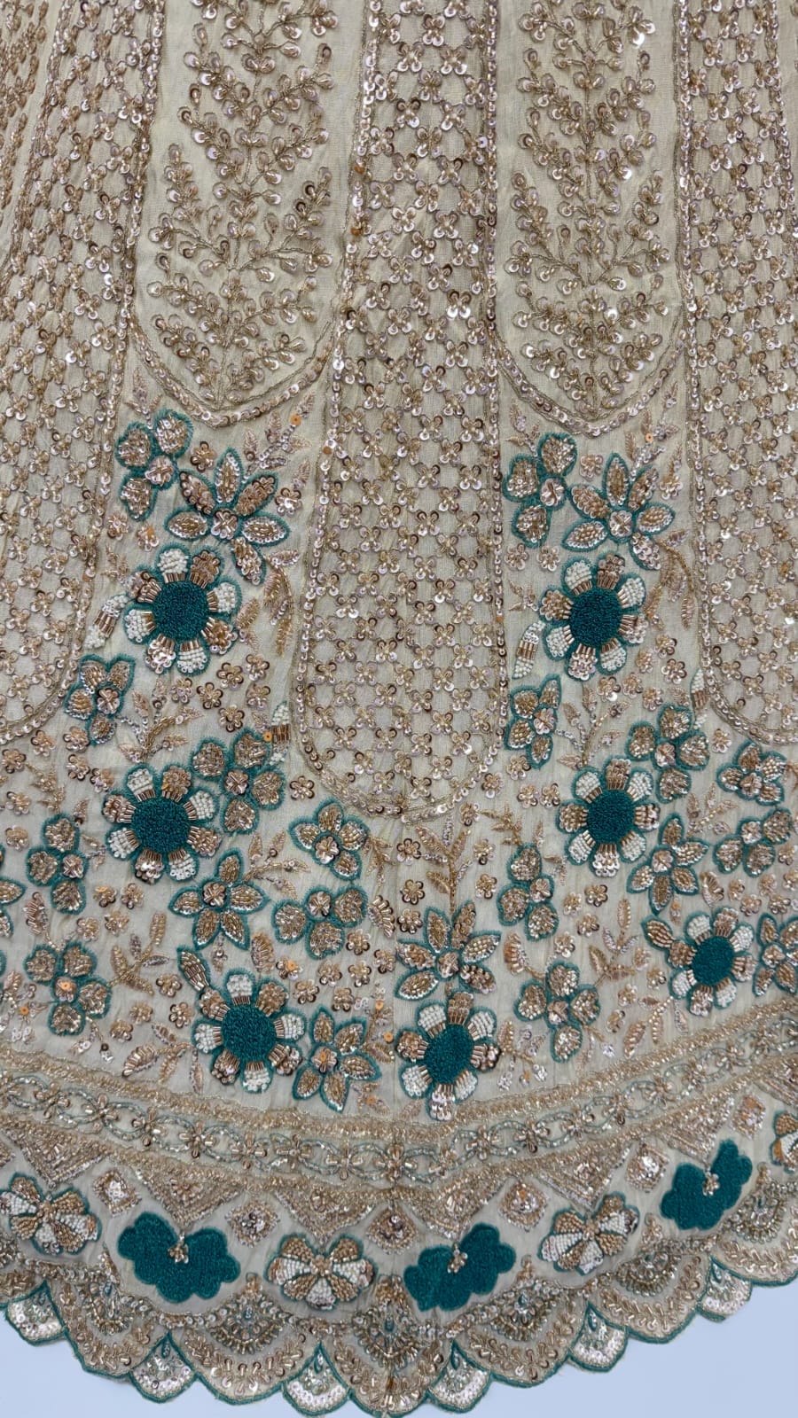Teal Blue Pure Premium Silk Heavy Beads & Motif Dori Embroidery Zari Sequins Hand Work Bridal Lehenga Choli