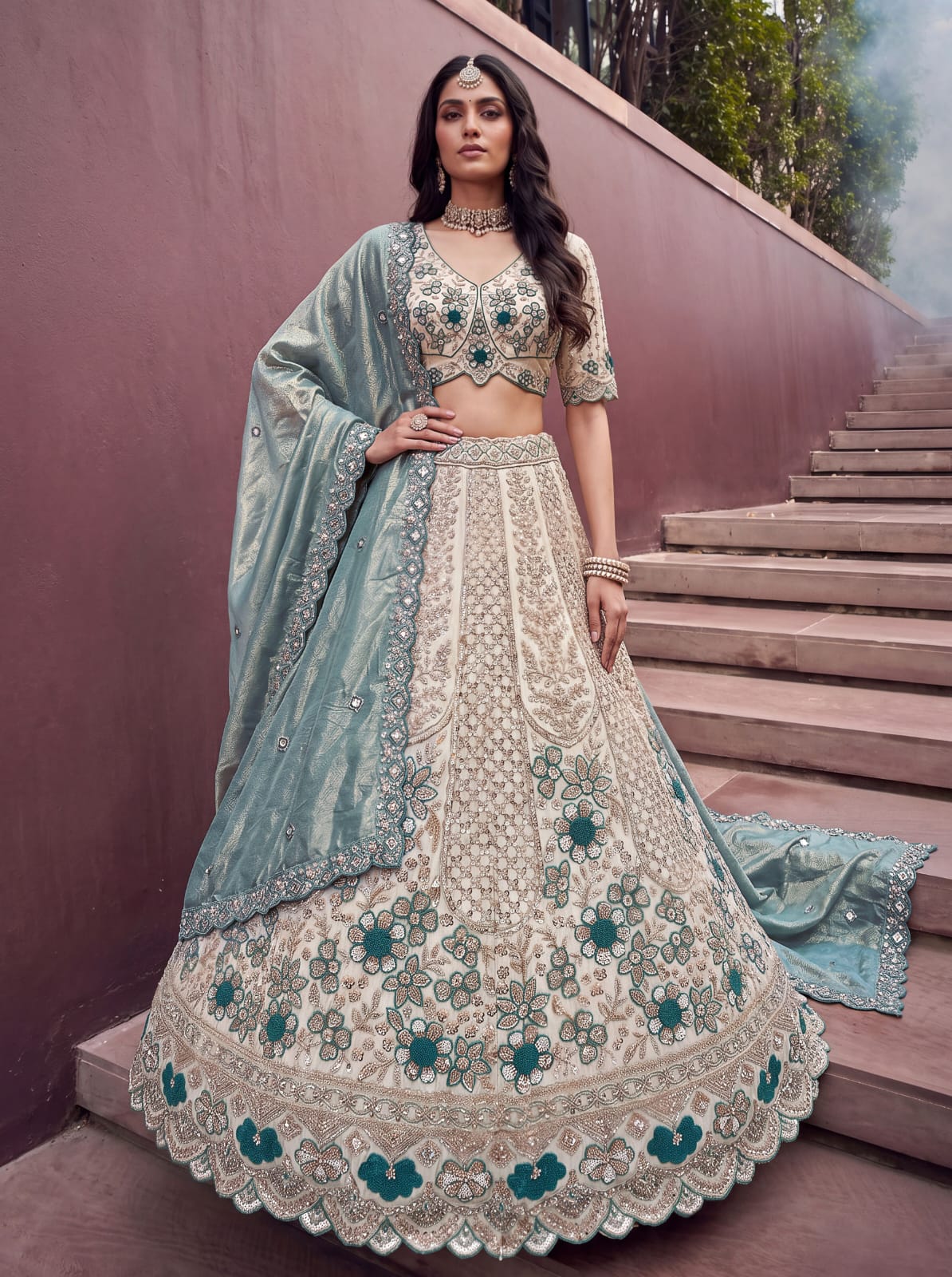 Teal Blue Pure Premium Silk Heavy Beads & Motif Dori Embroidery Zari Sequins Hand Work Bridal Lehenga Choli