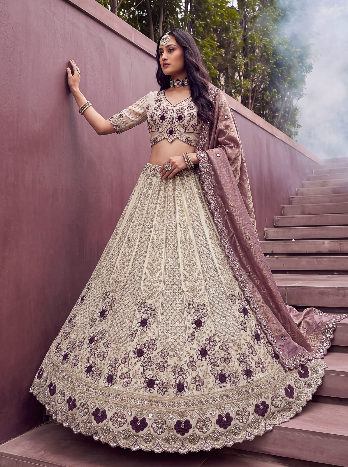 Mauve Pure Premium Silk Heavy Beads & Motif Dori Embroidery Zari Sequins Hand Work Bridal Lehenga Choli