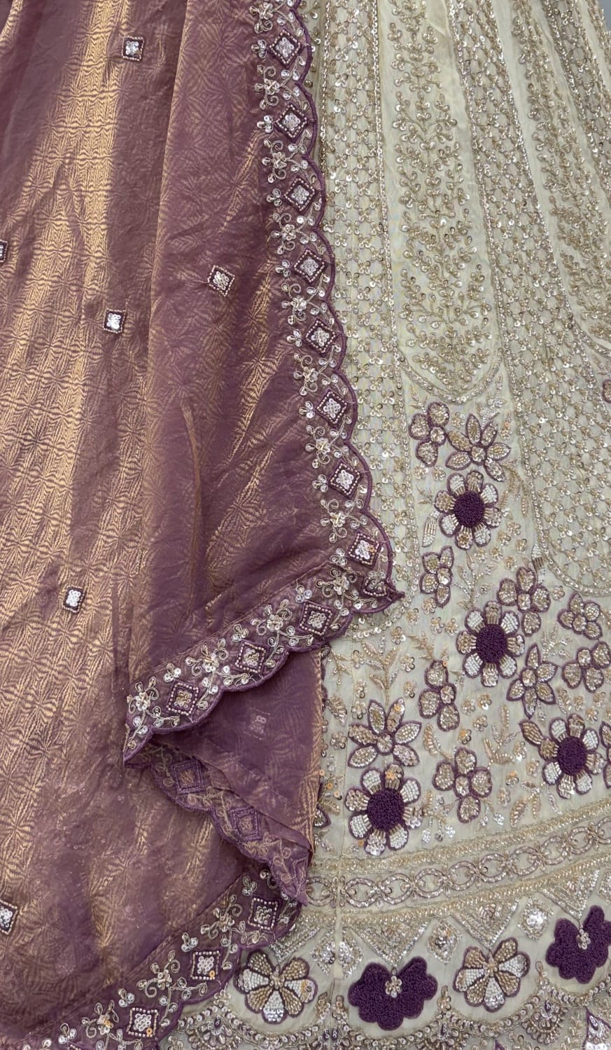 Mauve Pure Premium Silk Heavy Beads & Motif Dori Embroidery Zari Sequins Hand Work Bridal Lehenga Choli