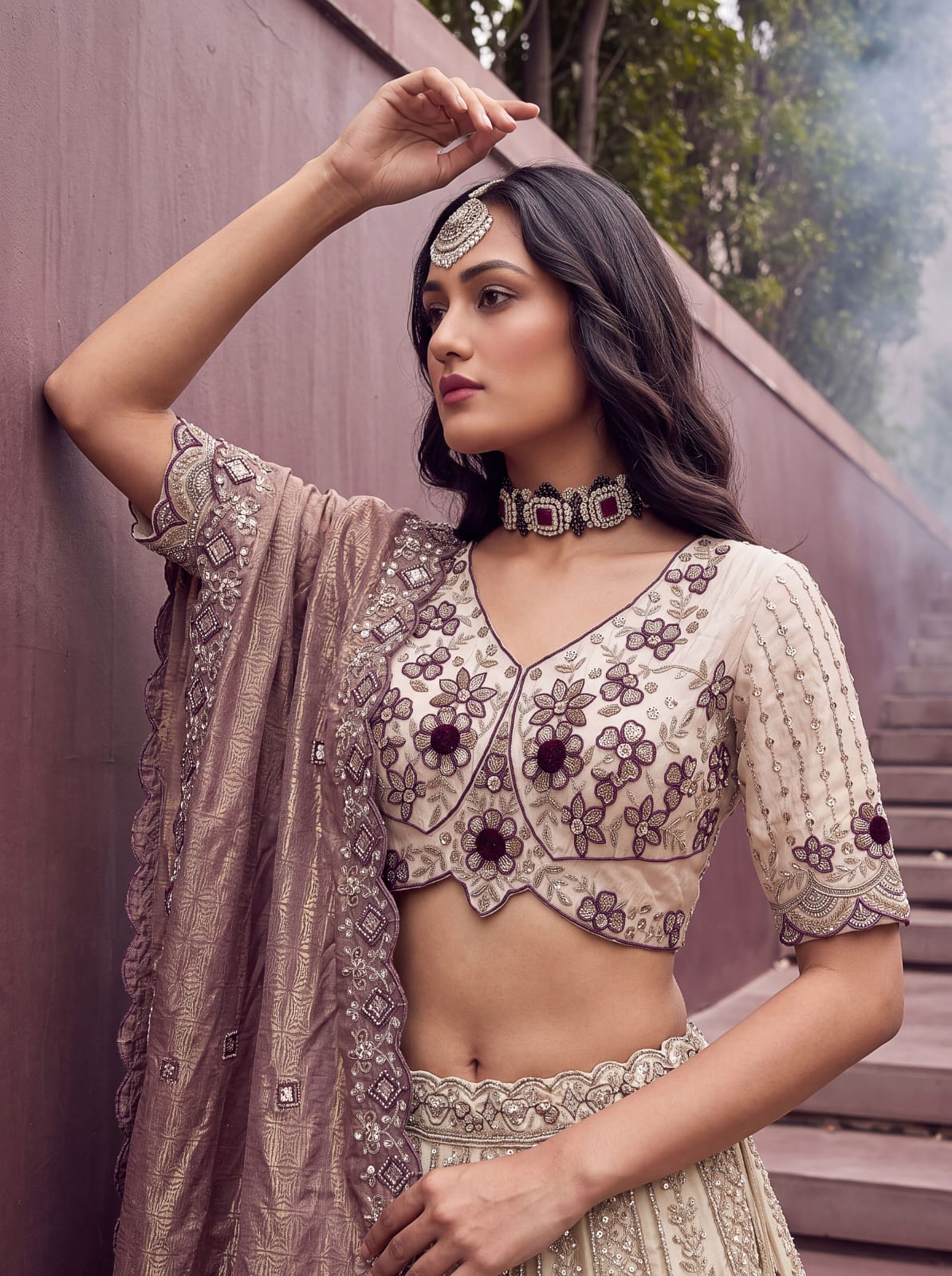 Mauve Pure Premium Silk Heavy Beads & Motif Dori Embroidery Zari Sequins Hand Work Bridal Lehenga Choli