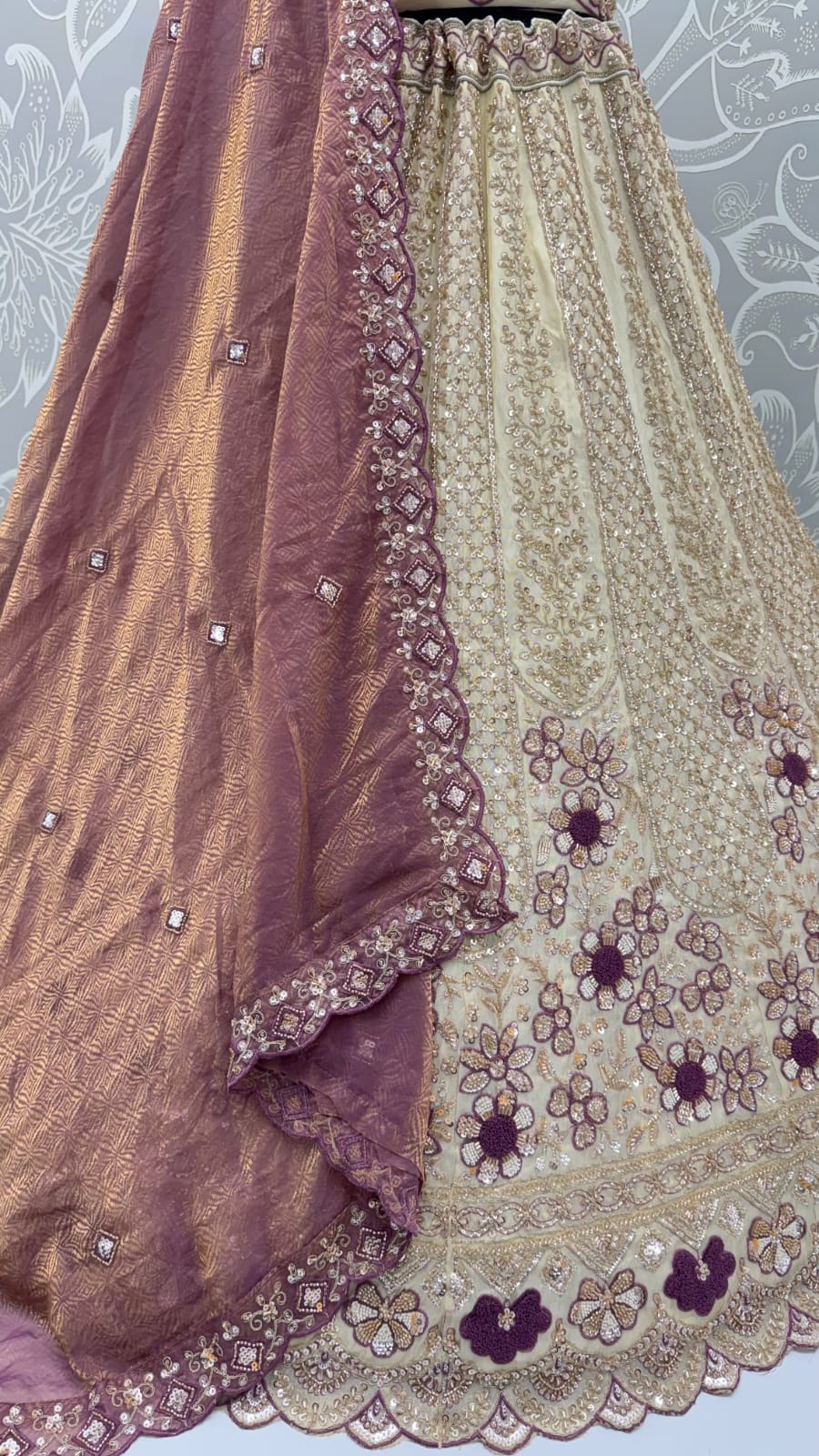 Mauve Pure Premium Silk Heavy Beads & Motif Dori Embroidery Zari Sequins Hand Work Bridal Lehenga Choli