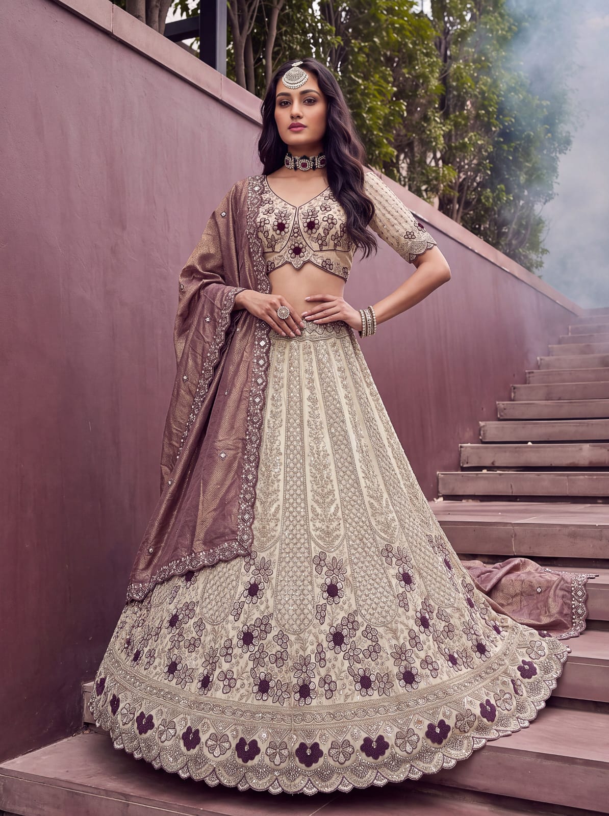 Mauve Pure Premium Silk Heavy Beads & Motif Dori Embroidery Zari Sequins Hand Work Bridal Lehenga Choli