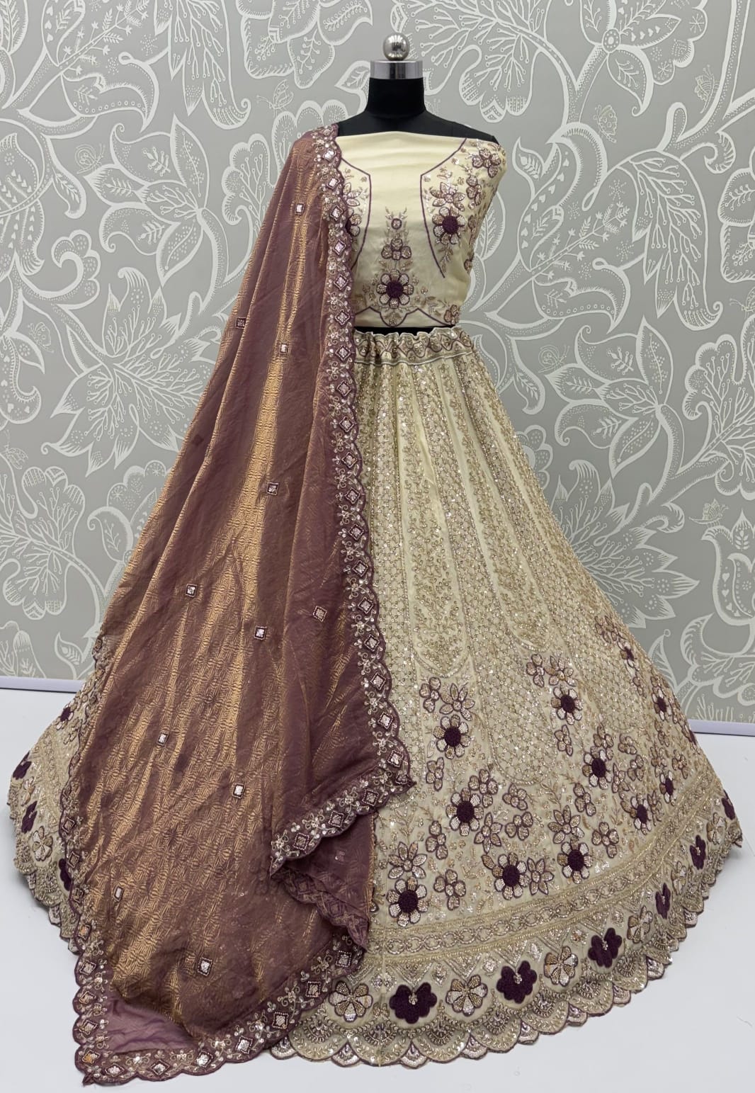 Mauve Pure Premium Silk Heavy Beads & Motif Dori Embroidery Zari Sequins Hand Work Bridal Lehenga Choli