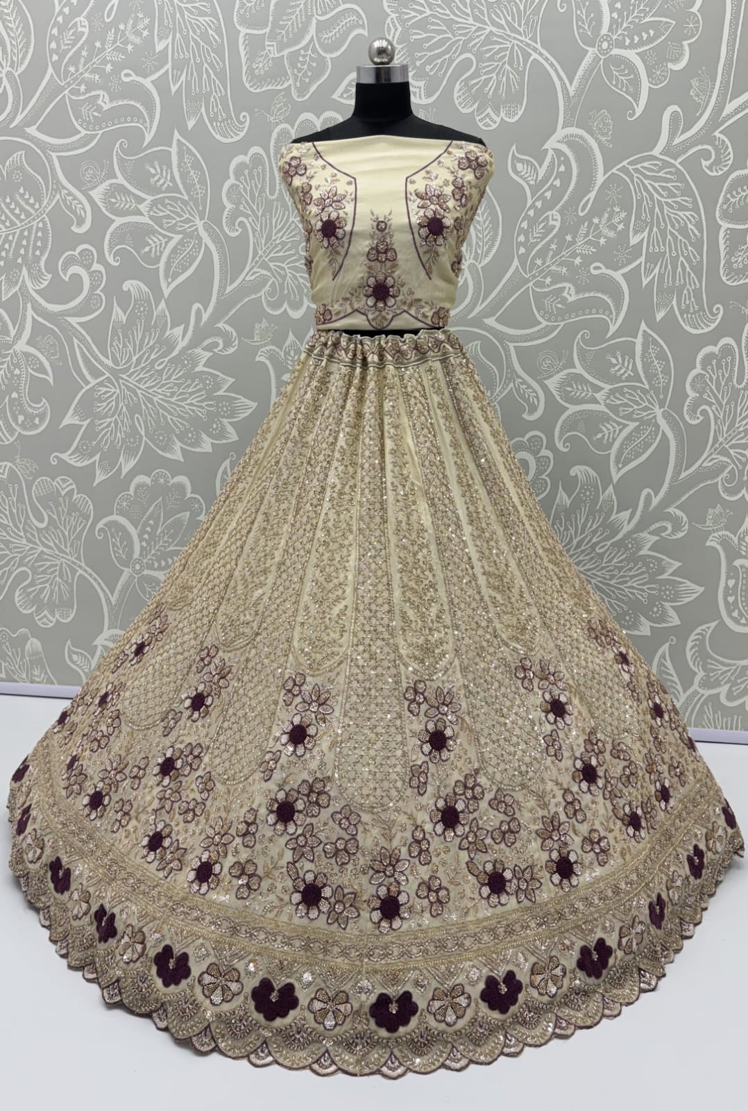 Mauve Pure Premium Silk Heavy Beads & Motif Dori Embroidery Zari Sequins Hand Work Bridal Lehenga Choli