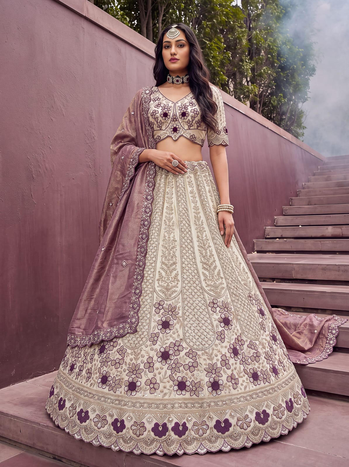 Mauve Pure Premium Silk Heavy Beads & Motif Dori Embroidery Zari Sequins Hand Work Bridal Lehenga Choli
