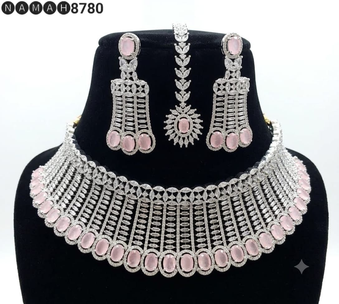 Pink American Diamond Taj Mahal Design Necklace Jewellery Set