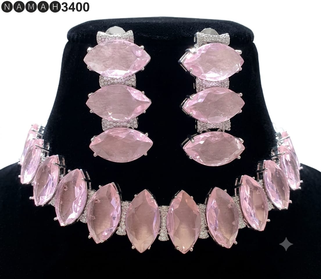 Pink American Diamond Design Necklace Jewellery Set