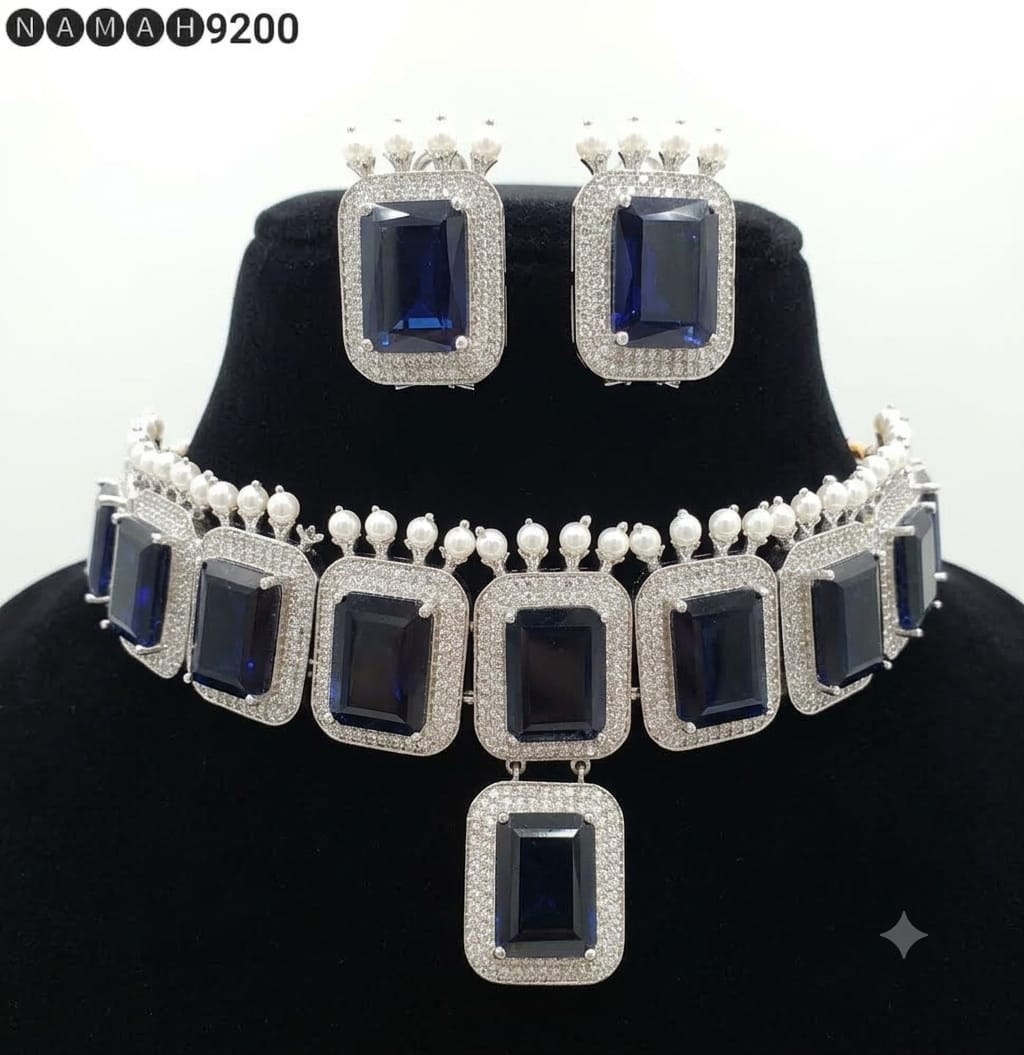 Blue American Diamond Design Necklace Jewellery Set