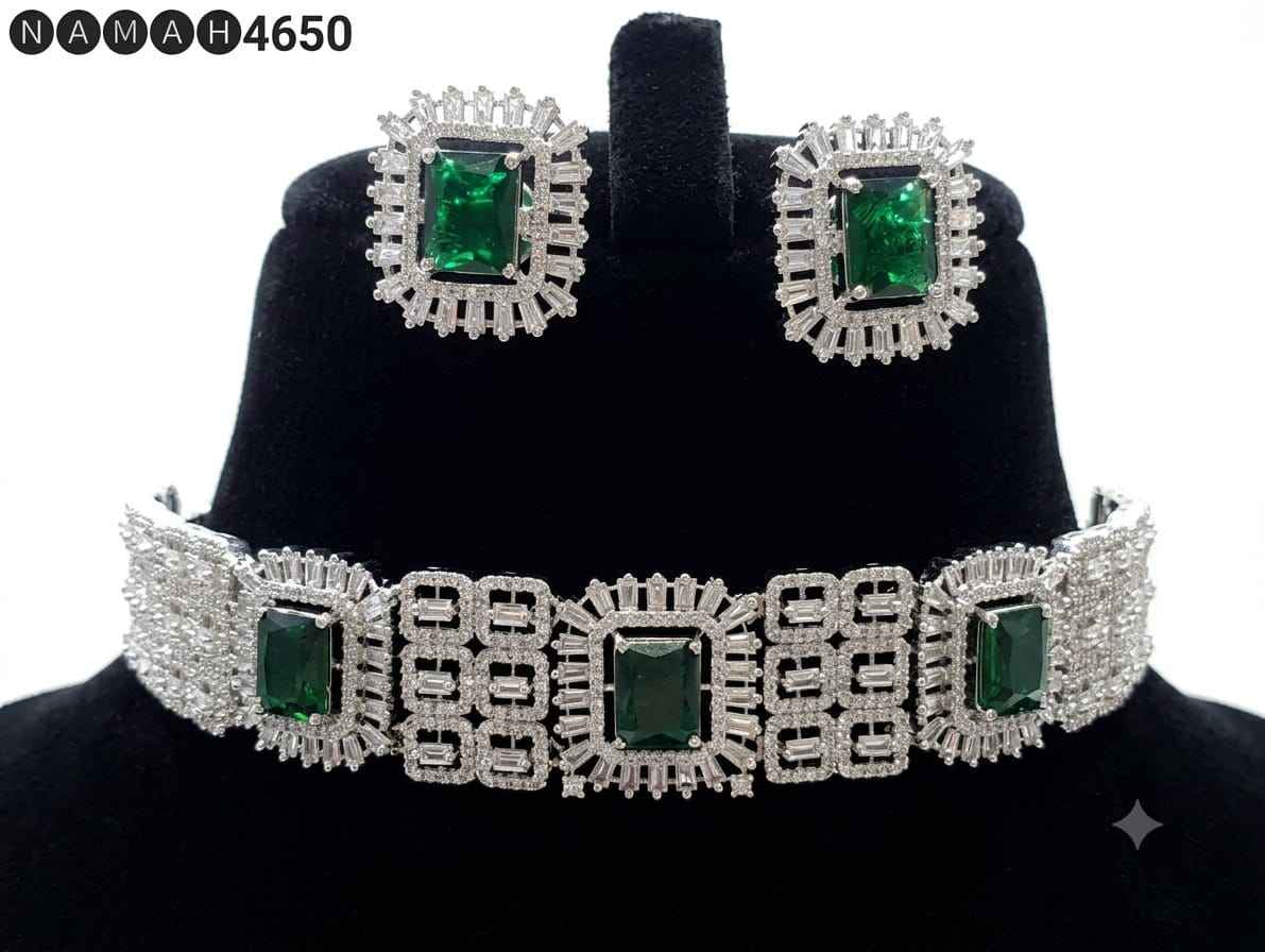 Green American Diamond Design Necklace Jewellery Set
