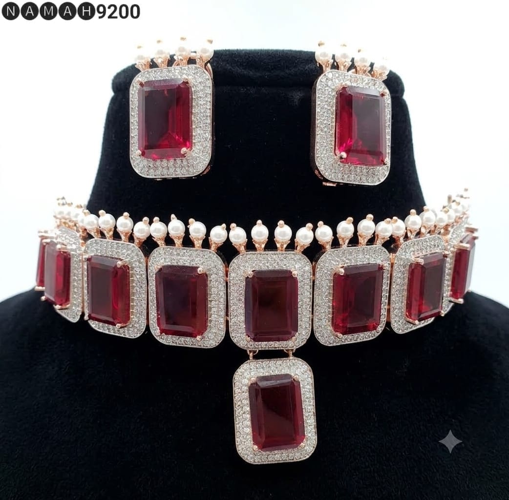 Red American Diamond Design Necklace Jewellery Set