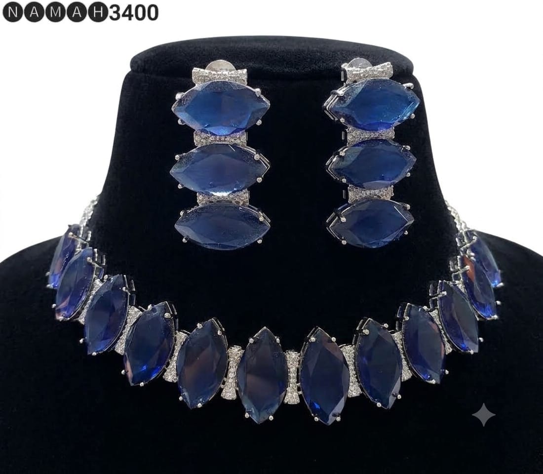 Blue American Diamond Design Necklace Jewellery Set