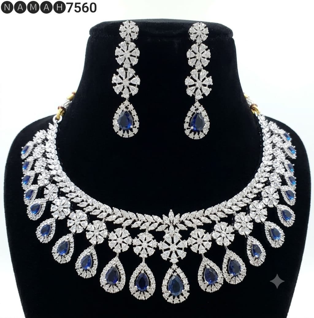 Blue White American Diamond Design Necklace Jewellery Set