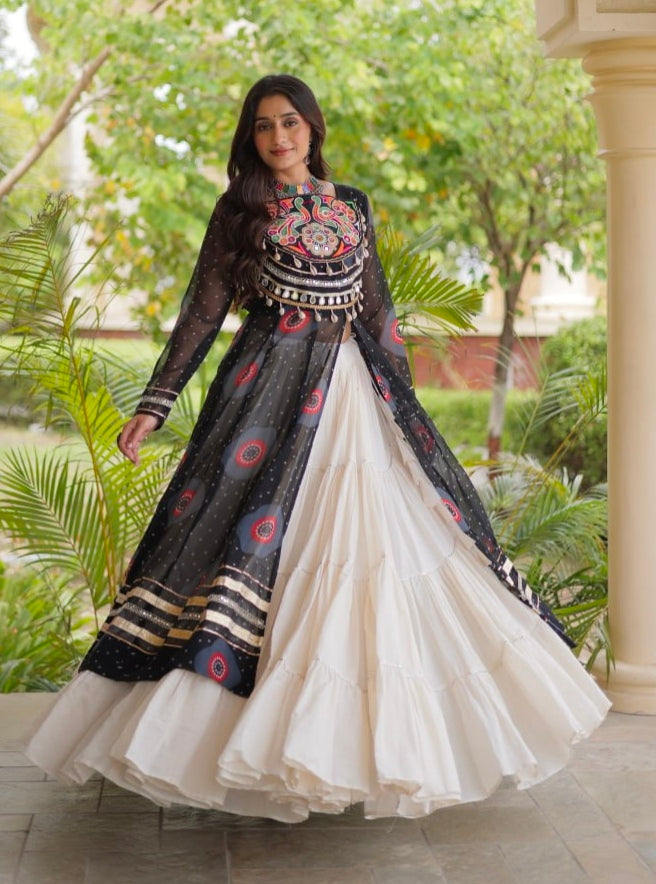 Black Pure Faux Georgette Bandhej Print with Kutchi Patchwork Navratri Gown