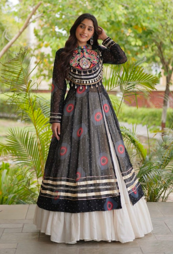 Black Pure Faux Georgette Bandhej Print with Kutchi Patchwork Navratri Gown