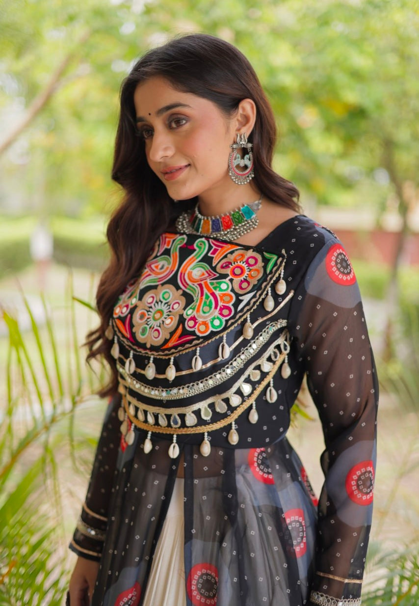 Black Pure Faux Georgette Bandhej Print with Kutchi Patchwork Navratri Gown
