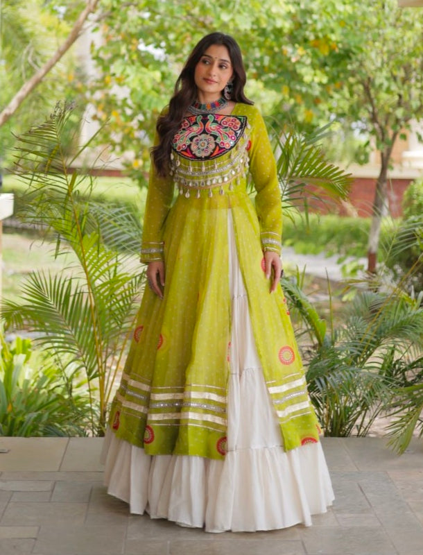 Parrot Pure Faux Georgette Bandhej Print with Kutchi Patchwork Navratri Gown