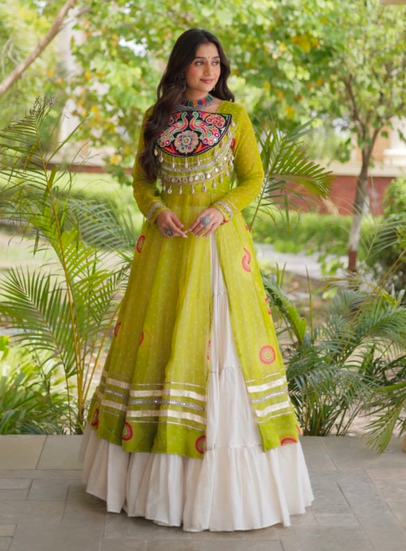 Parrot Pure Faux Georgette Bandhej Print with Kutchi Patchwork Navratri Gown